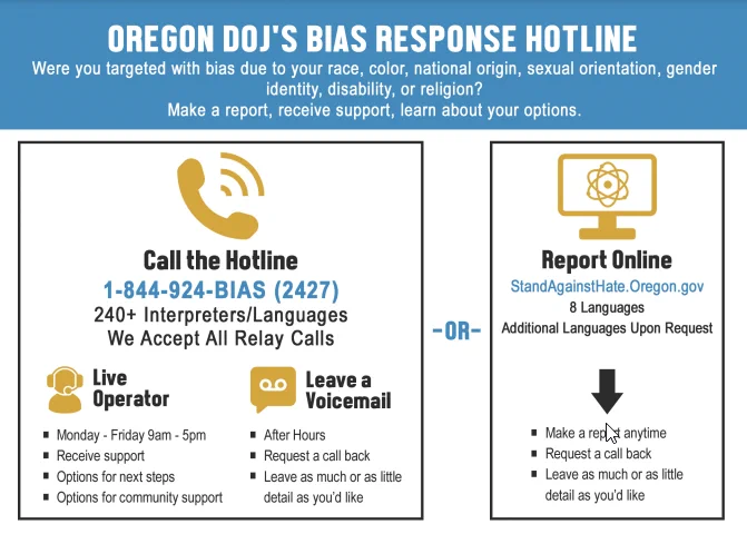 Oregon DOJ's Bias Response Hotline. Were you targeted with bias due to your race, color, national origin, sexual orientation, gender identity, disability, or religion? Make a report, receive support, learn about your options. Call the hotline 1-844-924-BIAS (2427) or report online standagainsthate.oregon.gov