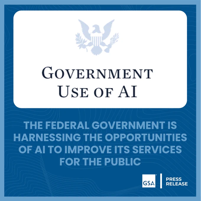 Image of presidential seal with the words "Government Use of AI" underneath. The headline below reads: The Federal Government is Harnessing the Opportunities of AI to Improve Its Services for the Public. 