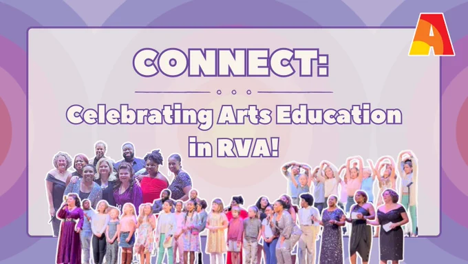 The slide has a background image of 3 circles with the Arts Ignite colors, (from inside out) which includes yellow, orange, red, pink, magenta, royal purple, lavender, and light purple. In the center, a white textbox reads,” Connect: Celebrating Arts Education in RVA!” Under the text are images from the concert with the featured artists, students from the Patrick Henry School of Science and Art, and of all performers on stage. On the upper right corner of the white textbox is the Arts Ignite logo, “A”. 