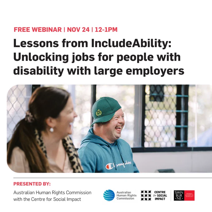 Two people smiling, one is wearing a Woolworths cap sideways. Text reads 'Lessons from IncludeAbility: Unlocking jobs for people with disability with large employers'. 