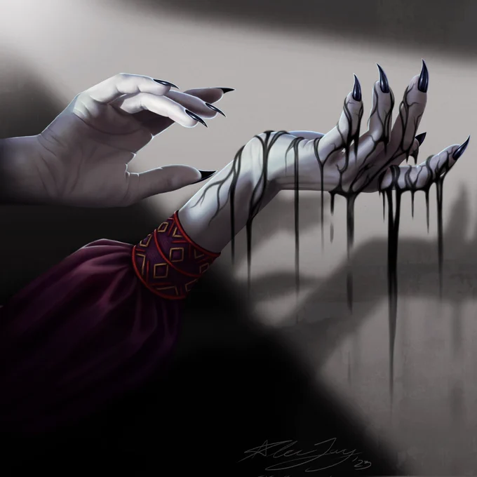digital art showing two grey hands in a ray of light, black ichor is oozing and dripping from one hand, seemingly controlled with magic by the other hand