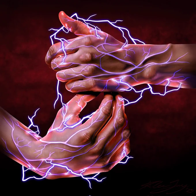 digital art of strong veiny hands with purple lightning in the veins and all around the hands