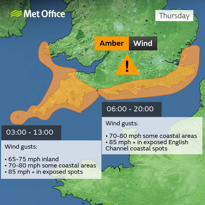 Map showing AMBER wind warnings in associated with Storm Ciarán on Thursday 2nd November 2023

These are in place for SW Wales and southern England and in force from 03:00 to 20:00 on Thursday