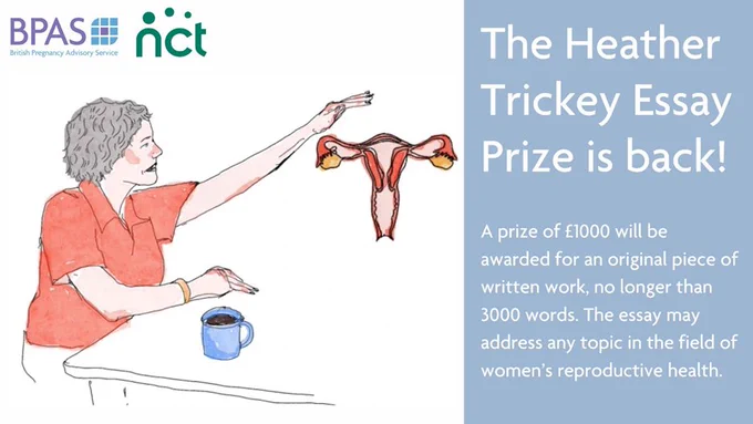 Watercolour drawing of woman sitting at a table, reaching out arm to touch a drawn uterus. Text reads 'The Heather Trickey Essay Prize is back! A prize of one thousand pounds will be awarded for an original piece of written work, no longer than three thousand words. The essay may address any topic in the field of women's reproductive health.'