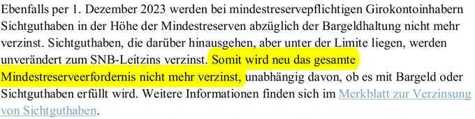 "Somit wird neu das gesamte Mindestreserveerfordernis nicht mehr verzinst" (Ausschnitt aus SNB Kommunikation)