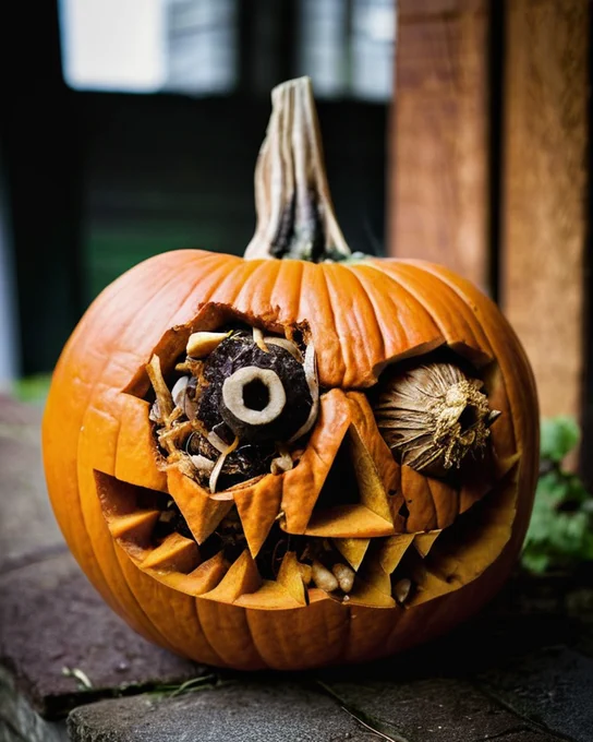 A scary carved Halloween pumpkin with rotting food coming out of its mouth and eyes.