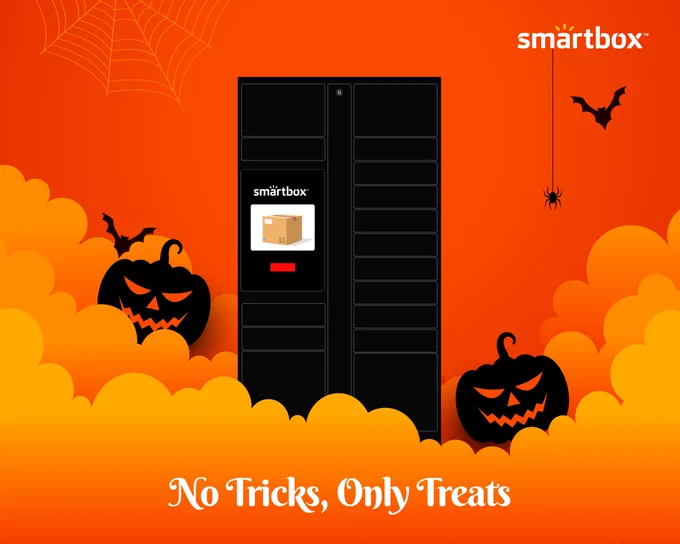 Silhouette of Smartbox smart locker and Halloween pumpkin, bats, spiders, and webs on a pumpkin themed background