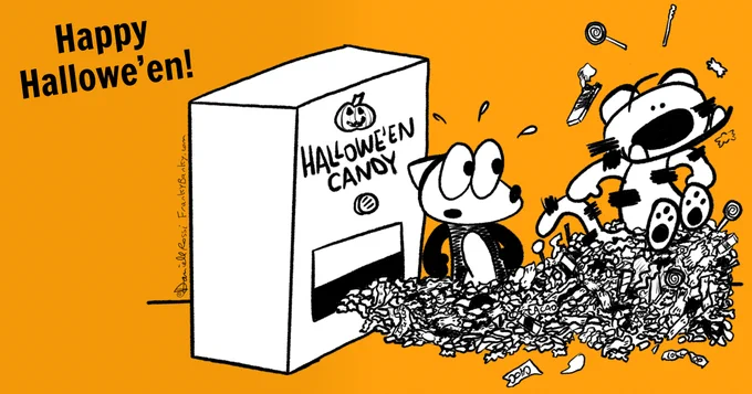 A cartoon tiger sliding out of a Hallowe’en candy vending machine on an avalance of candy wrappers while a cartoon fox looks on with surprise.