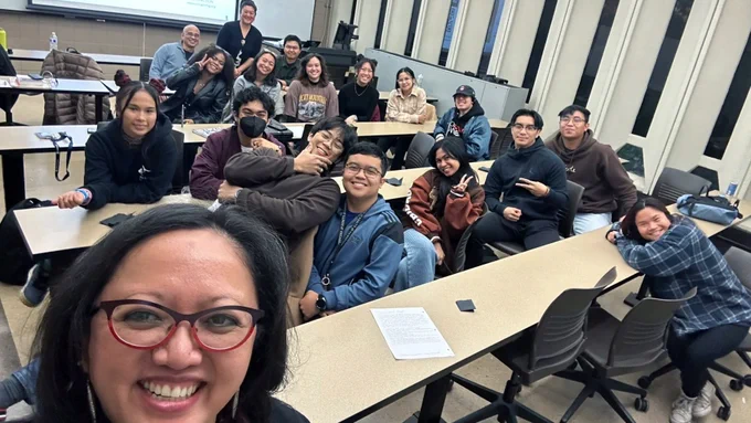 Students taking Intro to Filipino American Studies at UIC are visited by guests Ginger Leopoldo and Larry Leopoldo from the organization CIRCA-Pintig on Oct 10. 
