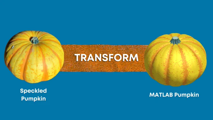 speckled pumpkin and pumpkin generated in MATLAB superimposed onto a blue background 