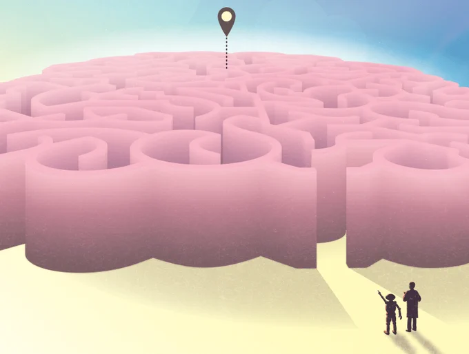 Graphic illustration of a humanoid android, standing next to a human, who is pointing the way through a maze shaped like a human brain.