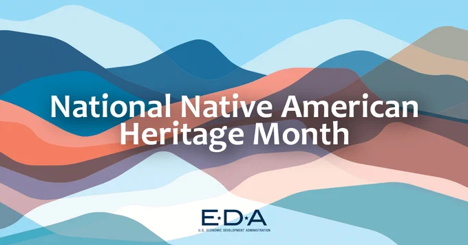 On a backdrop of mountains, text reads, ”National Native American Heritage Month.”