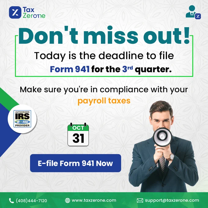  Form 941 deadline today! Ensure tax compliance by filing now. Don't miss the quarterly cut-off. Stay on the right side of the IRS. Visit www.taxzerone.com today or reach us at 408-444-7120 or support@taxzerone.com

#taxzerone #941form2023 #Form941 #form941filing #form941deadline #irsform941 #941form2023 #payrolltaxes #taxdeadline #employmenttax #quarterlytaxes #3rdQuarter2023 #efileform941 