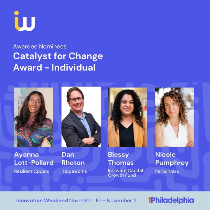 Awardee Nominees Catalyst for Change Award - Individual. Names, companies, and headshots of the individuals. Innovation Weekend November 10-11. 1Philadelphia.