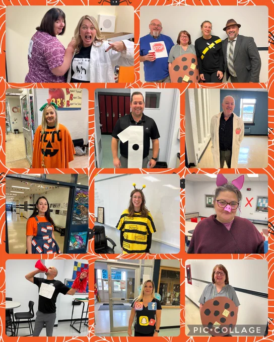 A collage of teachers dressed in Halloween costumes.