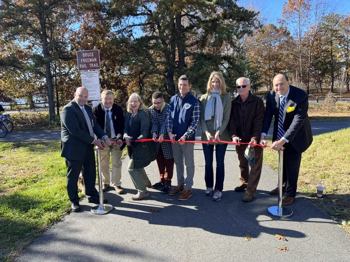 Rep. Trahan stands with state and local leaders as they prepare to cut ribbon and open a new section of the Bruce Freeman rail trail.