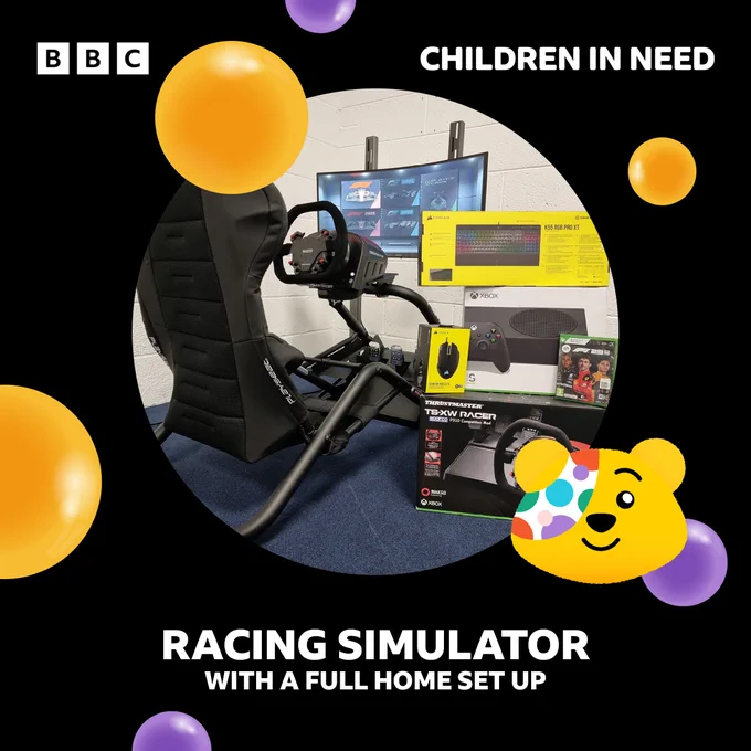 A circular photo of a racing simulator with a full home setup (a competition prize). The image is on a black background, with yellow and purple spots, and a Pudsey logo head.