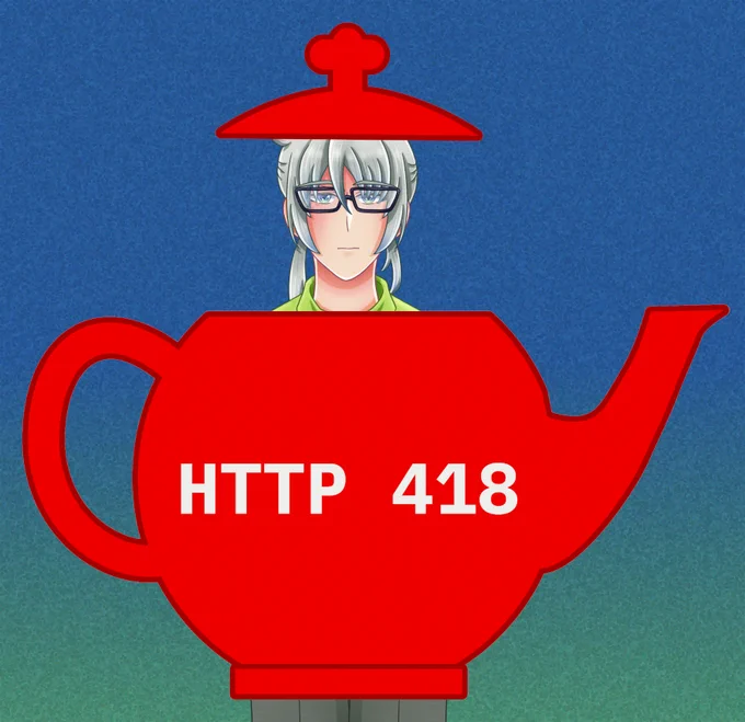 Penbu wearing a teapot costume. On the front of the teapot is the text "HTTP 418".