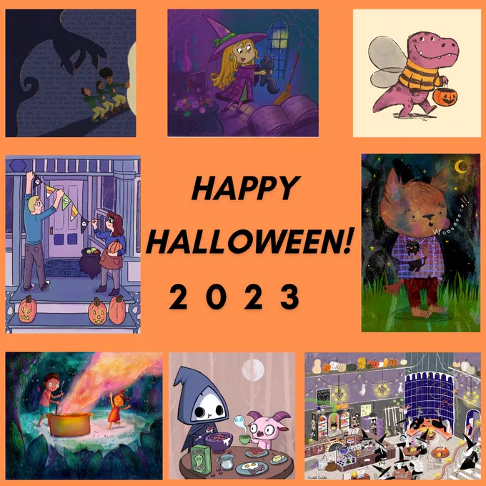 A light-orange slide with black text reading "Happy Halloween 2023!" in the center. Arranged in a box around the text are thumbnails of Halloween-themed illustrations. End alt text.