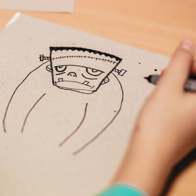 Paper with drawn illustration of Frankenstein
