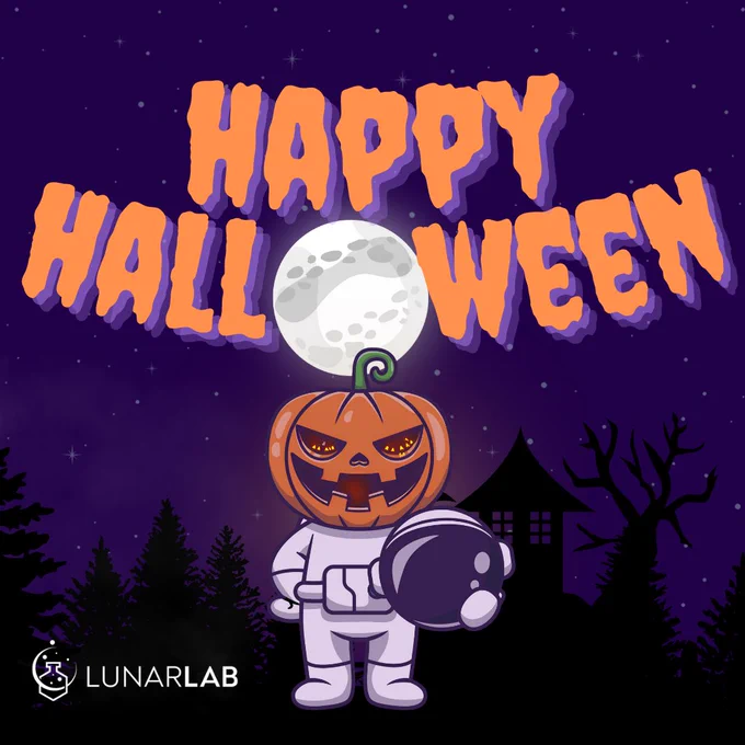 Halloween-themed image titled 'Happy Halloween!' featuring an astronaut whose helmet is a jack-o-lantern. Behind him is a eerie forest silhouette against a purple starry night sky.