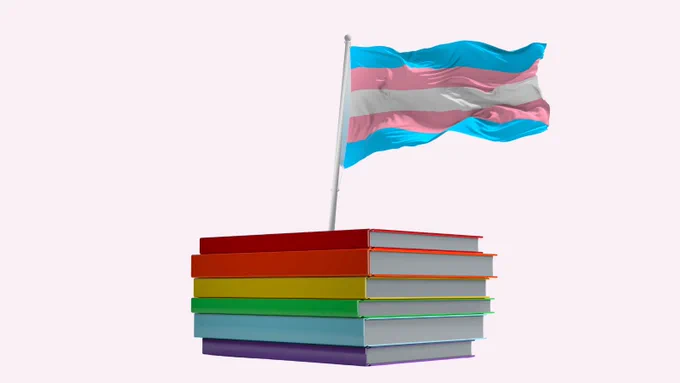 A stack of rainbow-colored books is topped by the transgender flag.