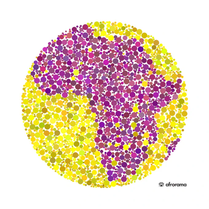 A map of Africa in purple and yellow and is made up of dots. The map looks like a test for colour blindness. 