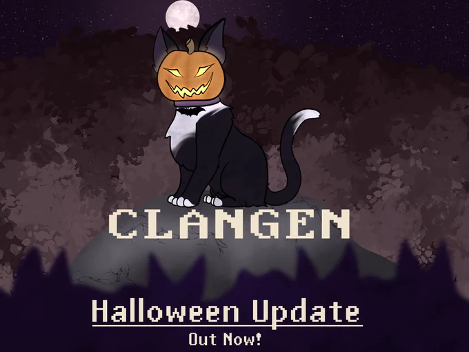 A drawing of a black and white cat sitting atop a boulder in a dark, shadowed forest. The cat has a lit jack-o'-lantern over its head, and it looks out across a large crowd of cats below. The full moon shines above. End ID.