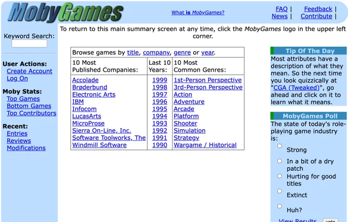 MobyGames homepage in October 1999.
