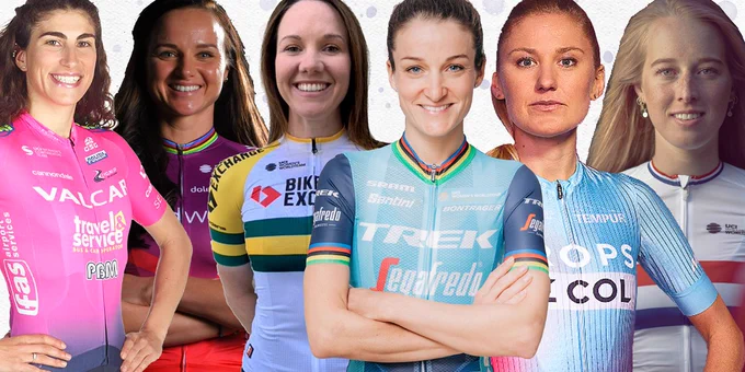 (left to right) World Champion Elisa Balsamo; former World Champion Chantal van den Broeck – Blaak; double Women’s Tour stage winner Sarah Roy; reigning champion Lizzie Deignan; UCI Hour record holder Joss Lowden; and British road race and time trial champion Alice Barnes.