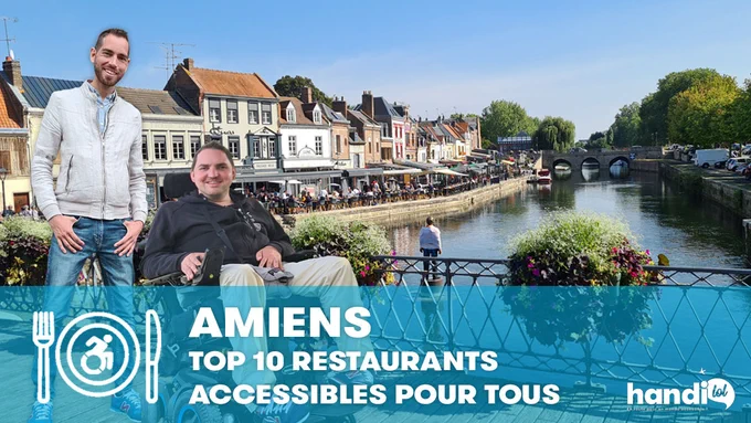 Rudy en fauteuil roulant et son frère Julien devant le quai Bélu à Amiens. C'est un lieu agréable au bord de la Somme, où l'on trouve de nombreux restaurants pour manger au bord de l'eau.