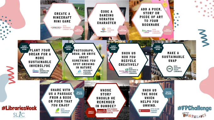 Hexagons with the Fun Palaces Challenges on them - Create a Minecraft Mini-Game, Code a dancing Scratch Character! Add a poem, story or piece of art you your bookmark for example. For more see the link. 