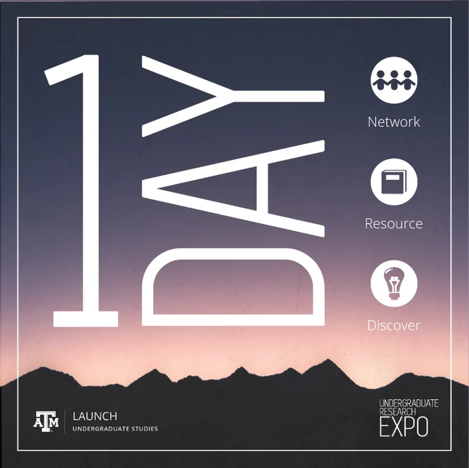 Purple background with mountains and a pink sunset. The text on the image reads: "1 Day. Network, resource, discover. Undergraduate Research Expo."