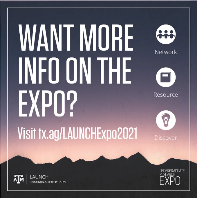 Purple background with mountains and a pink sunset. The text on the image reads: "Want more info on the expo? Visit tx.ag/LAUNCHExpo2021"