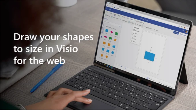 Text reads, "Draw your shapes to size in Visio for the web." Hand using trackpad to draw.