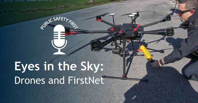 Public Safety First icon; "Eyes in the Sky: Drones and FirstNet"; Drone on a road being prepared for flight by a first responder