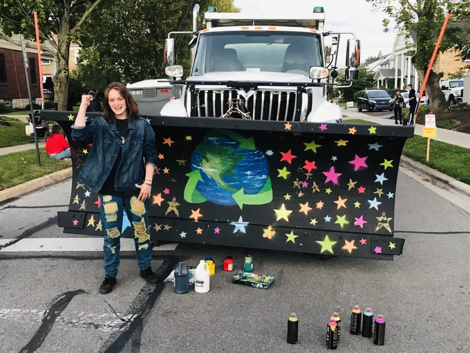 Sofie Markle and her completed snowplow painting https://www.5columns.org/grandview-hop