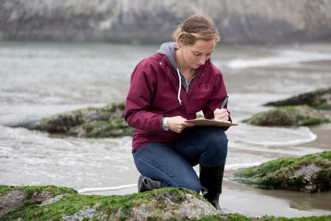 Elizabeth Cerny-Chipman writes on a clipboard at a tidepool when she was a student at Oregon State University. (photo by Chris Becerra)