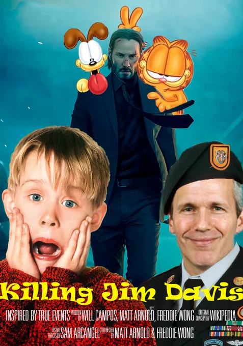 A poster for Story Break's episode: The Final Wiki Roulette #168. Features Macaulay Culkin as Jim Davis' son, Keanu Reeves as "The Balcaen" with Garfield and Odie on his shoulders and Jim Davis in a green beret outfit. Credit line featuring Freddie Wong, Will Campos, Matt Arnold, Sam Arcangel and Wikipedia.