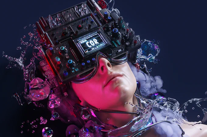 Clash of Realities 2021 Logo - female looking head with what seems like VR-goggles on, splashes of water, bubbles and smoke around it