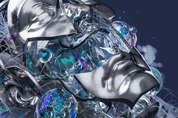 Clash of Realities 2020/ 2021 Logo - silver model of a mechanic head that opens up and has fluorescent bubbles come out of it