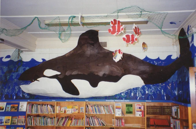 A giant papier mache whale in the children's section at Folkestone Library