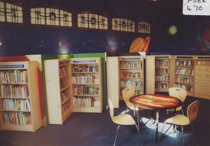 Folkestone Library's children's section, decorated in an outer space theme