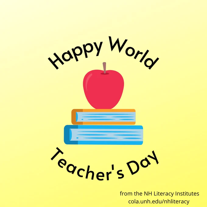 Image description: An apple stacked on top of two books, the text says "happy world teacher's day."