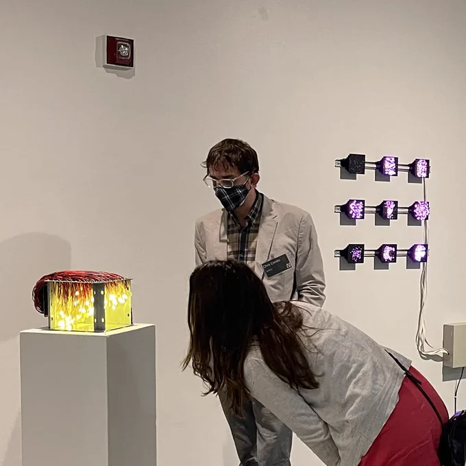 Two people look at a glowing artwork on a pedestal: about 200 beeswax-dipped LEDs in a metal box. 