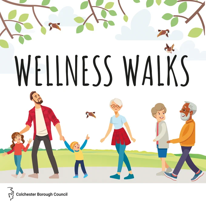 An illustration of a family with 2 young children, and 2 elderly people behind, walking through the woods, smiling and looking around them at the birds. Above are the words 'Wellness Walks'.
