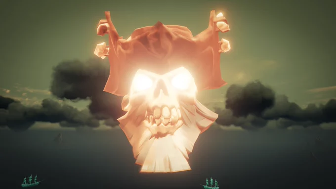 Flameheart's is a skeletal pirate with a hat lined with bones. His visage sits massive above an island in the Sea of Thieves.