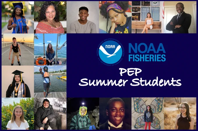 Photos of students of various races, ethnicities and genders. Some are headshots, some are action photos in nature. NOAA Fisheries logo.