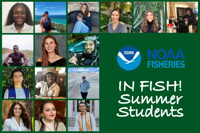 Photos of students of various races, ethnicities and genders. Some are headshots, some are action photos in nature. NOAA Fisheries logo.