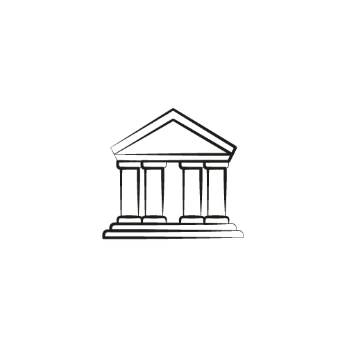 Black and white drawing of the front of a building with 4 columns and a triangle roof above.